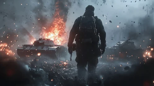 Soldier walks toward burning tank in bleak war zone scene.