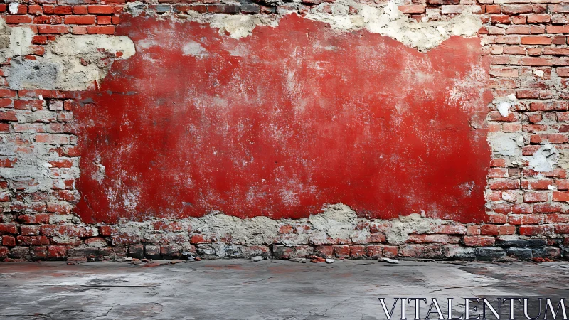 Weathered red brick wall with peeling paint and rough floor.