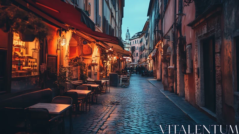 Narrow European street with evening cafés and warm lighting.