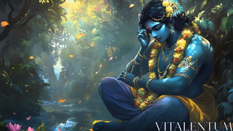 Blue-skinned deity resting in a quiet sunlit forest stream