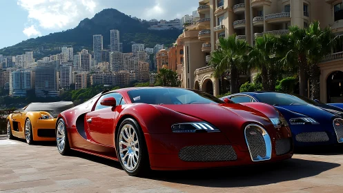 Red supercar lineup beside luxury hotel and skyline.
