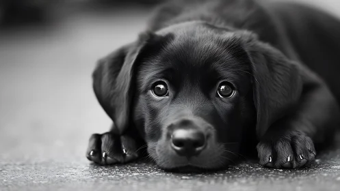 Soft-eyed black puppy resting quietly on a gentle floor scene.