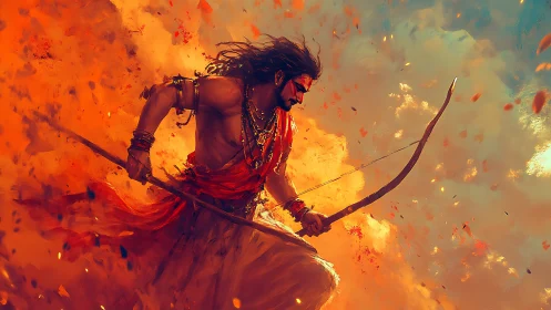 Blazing warrior archer strides through storm of sacred fire.