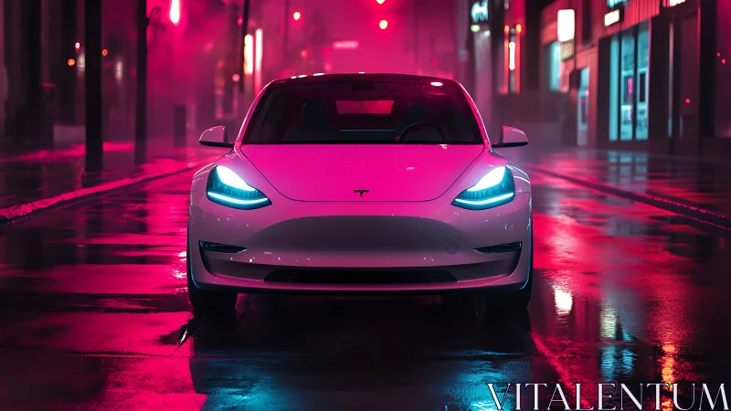 Electric sedan glows under neon reflections on wet street.
