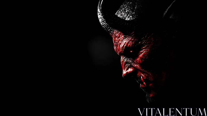 Demonic horned face in harsh red and black lighting.