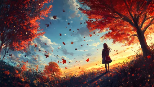 Autumn skywalker girl beneath a storm of scarlet leaves.