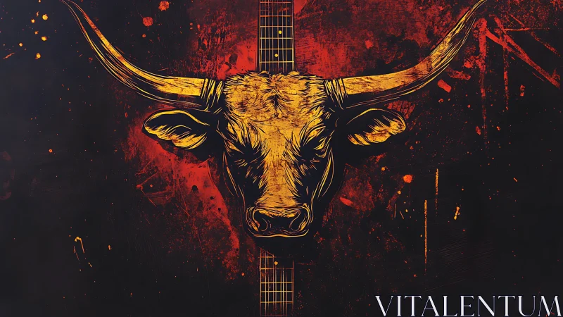 Longhorn skull fused with guitar on fiery grunge field.