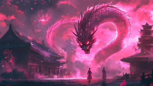 Crimson dragon over neon temple courtyard confrontation.