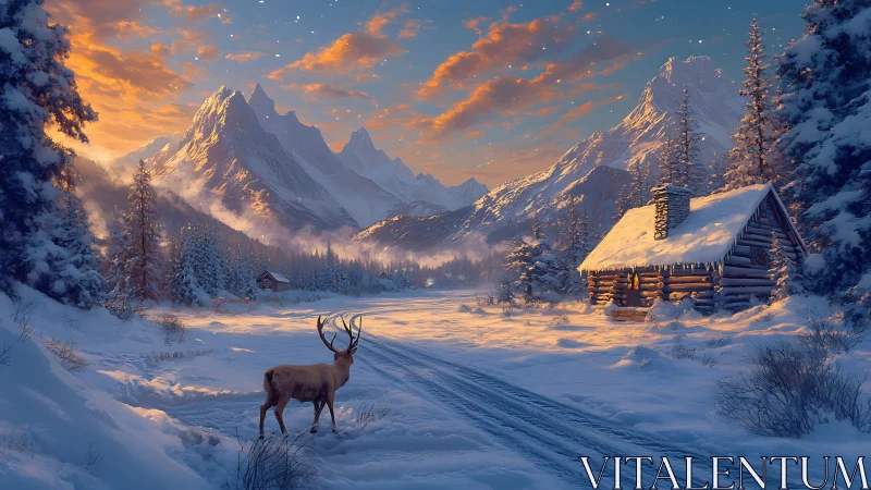 Snowy mountain cabin at sunset with lone winter deer.