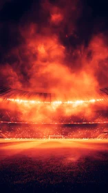 Stadium inferno glow above a lone football goalmouth.