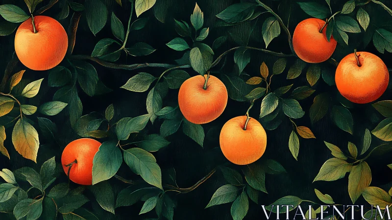 Orange fruit on leafy branches against dark background.