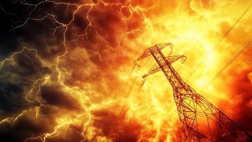 High-voltage lattice transmission tower in storm-lit fiery sky