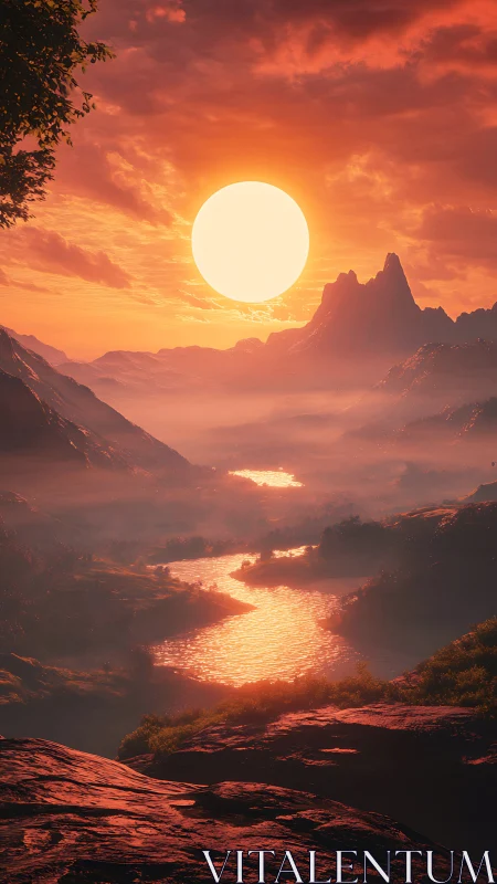 Molten River at Giant Sunfall over Ember-Crested Peaks.