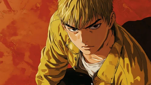 Intense blond anime teen stares forward against burning red