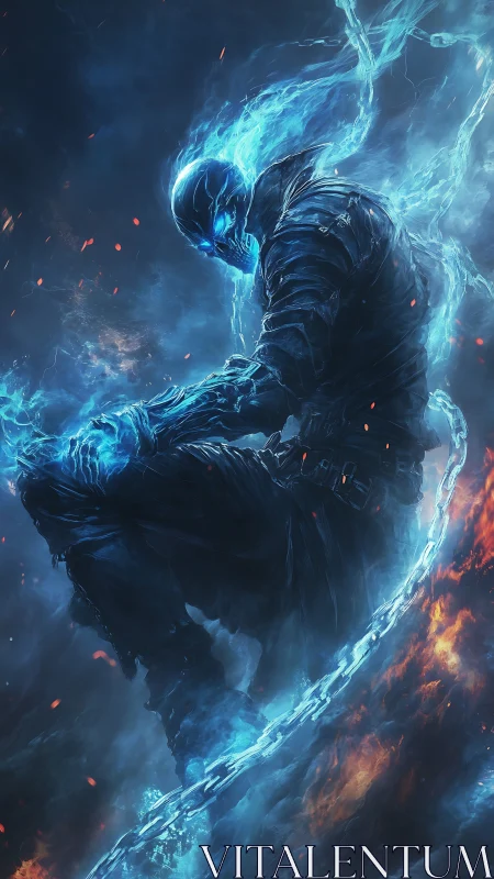 Spectral warrior ignites chained inferno in storming void.