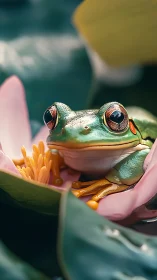 Photorealistic tree frog resting in a lotus bloom macro study