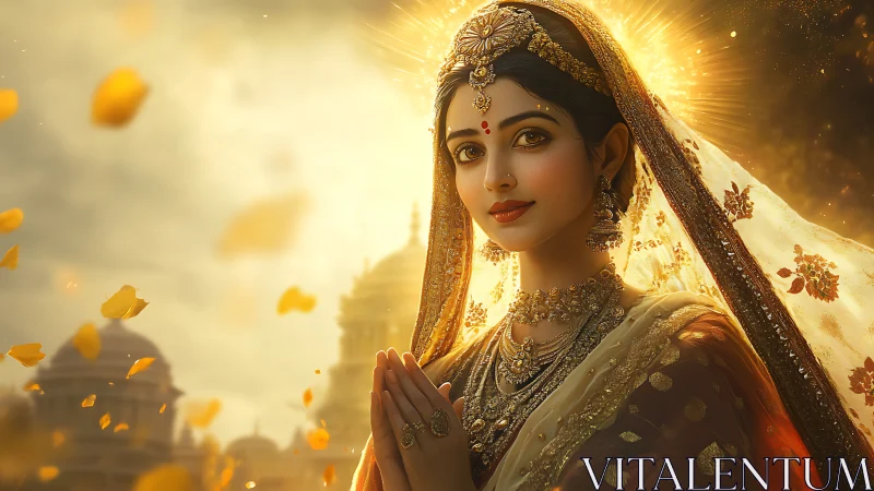 Regal Indian woman in traditional attire with golden glow.