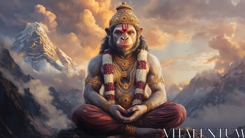 Mountain-throned monkey deity meditates in stormlit clouds.