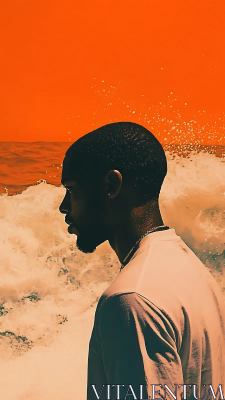 Silhouetted profile against stylized surf under saturated orange sky