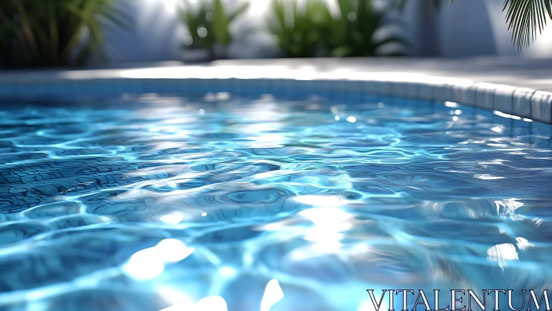 Sunlit swimming pool water ripples in a tranquil garden