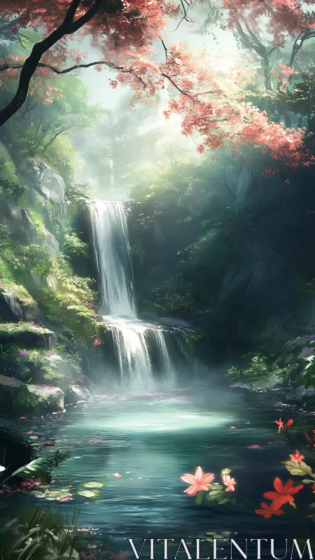 Sunlit forest waterfall descends into tranquil flowered pool