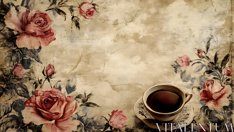 Vintage floral coffee cup on distressed parchment background