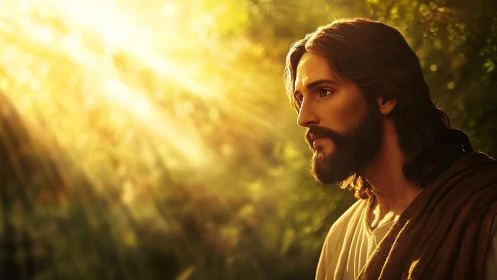 Sunlit devotional portrait renders serene robed figure in profile