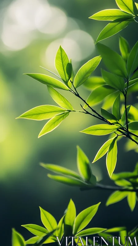 Sunlit green leaves in soft forest bokeh glow.