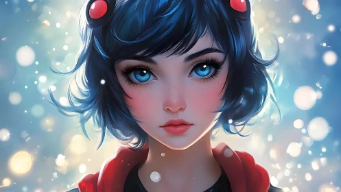 Digital portrait depicts blue‑haired girl with luminous eyes