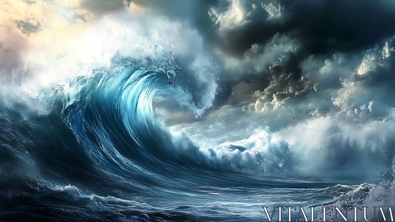 Massive storm wave crashing under dark dramatic sky.