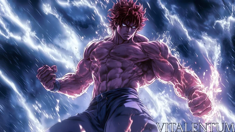 Muscular anime warrior channels electric power in storm