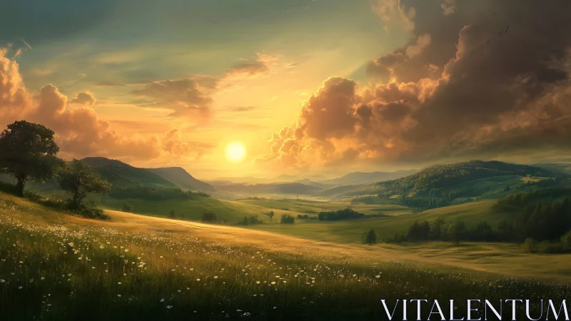 Sunlit valley meadows under dramatic glowing sunset clouds.