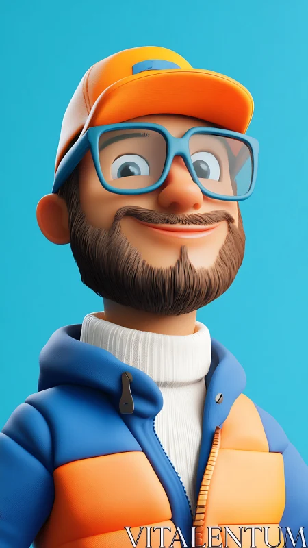Smiling 3D bearded man wears blue glasses and puffer jacket