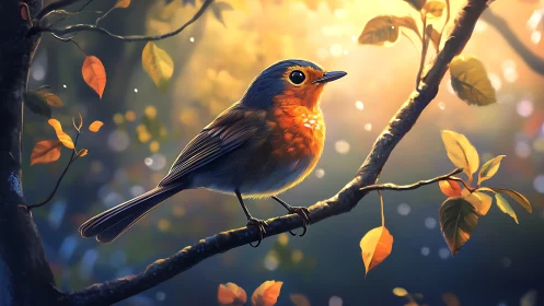 Vibrant Robin on Autumn Branch in Soft Sunlight, Digital Art Style.