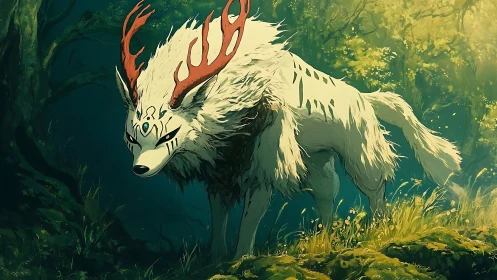 Mythic antlered white wolf spirit traverses luminous forest