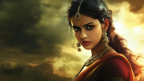 Stormlit sari queen with ember eyes and gilded secrets.