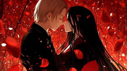 Anime lovers embrace among falling red petals.