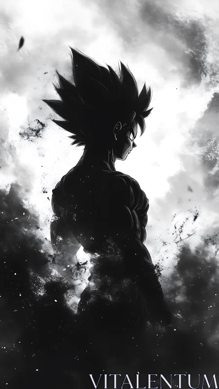 Silhouetted anime warrior rises through swirling storm clouds.