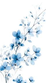 Blue floral branch with translucent petals on white background.