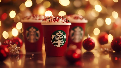 Festive red holiday coffee cups glow amid warm bokeh lights.