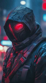 Neon-eyed cybernetic operative in rain-soaked urban corridor.