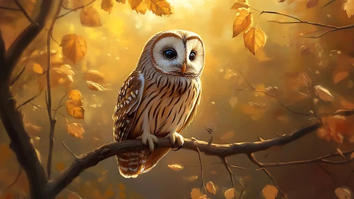 Majestic Owl on Autumn Branch in Warm Digital Painting Style.