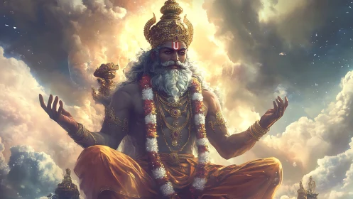 Divine sage figure meditating in glowing celestial clouds.