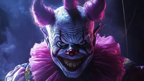 Sinister horned clown portrait in dramatic low key light.