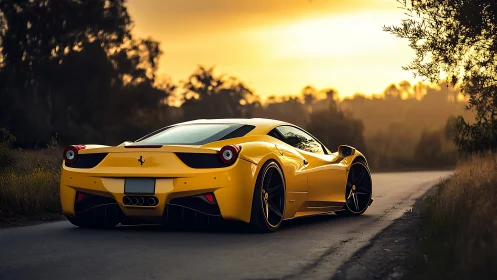 Golden-hour yellow supercar cruising a quiet country road.