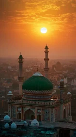 Sunlit Islamic dome and minarets dominate dense urban skyline at dusk