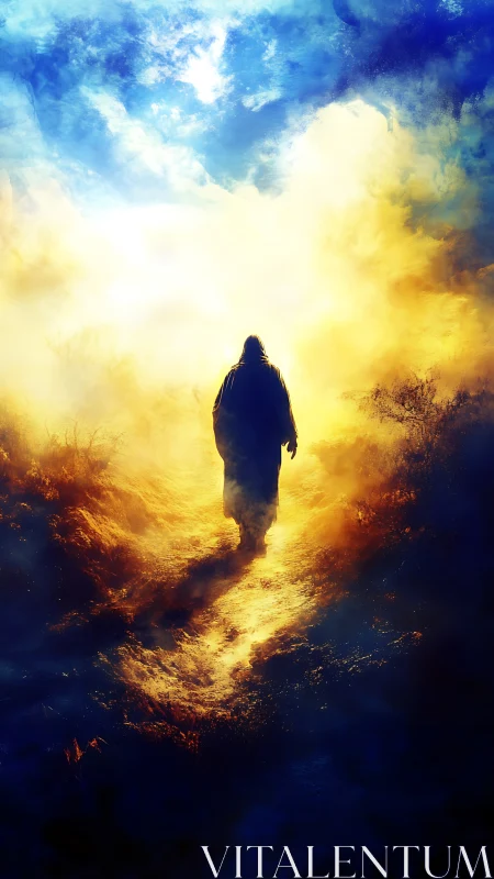 Lone robed figure walks radiant path toward blazing sky.