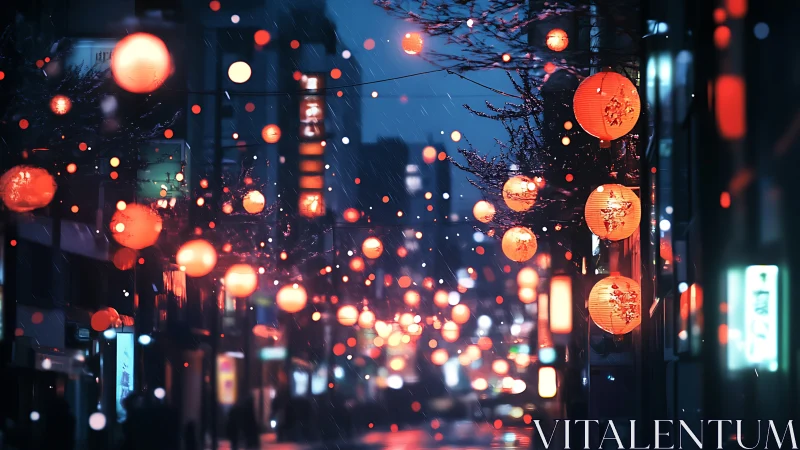 Lantern‑lit city street shimmers through soft evening rain.