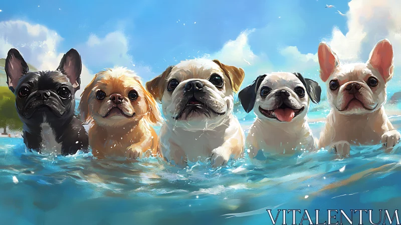 Sunny beach day with five joyful little swimming pups.