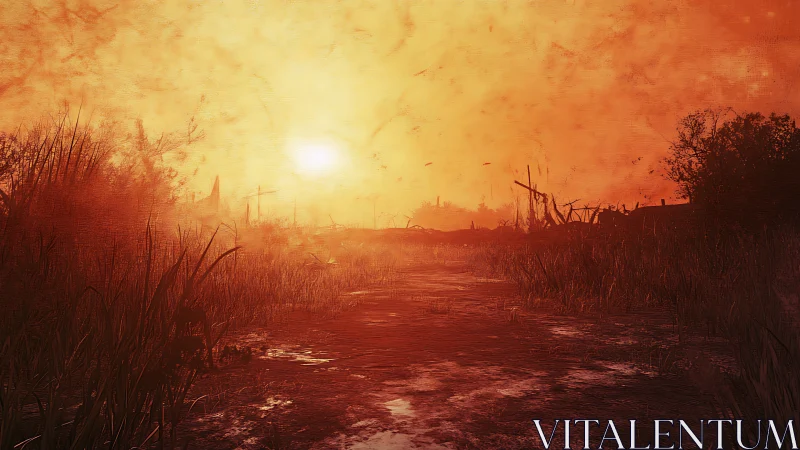 Post-apocalyptic wetlands under scorched sunset atmosphere.